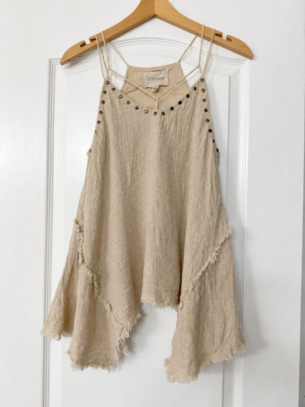 Moon River • Beige Studded Strappy Linen Blend Handkerchief Hem Top Small